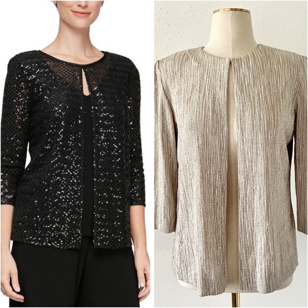 Alex Evenings Beige Tea Length Jacket Glitter 3/4 Sleeve Women's Size Small S